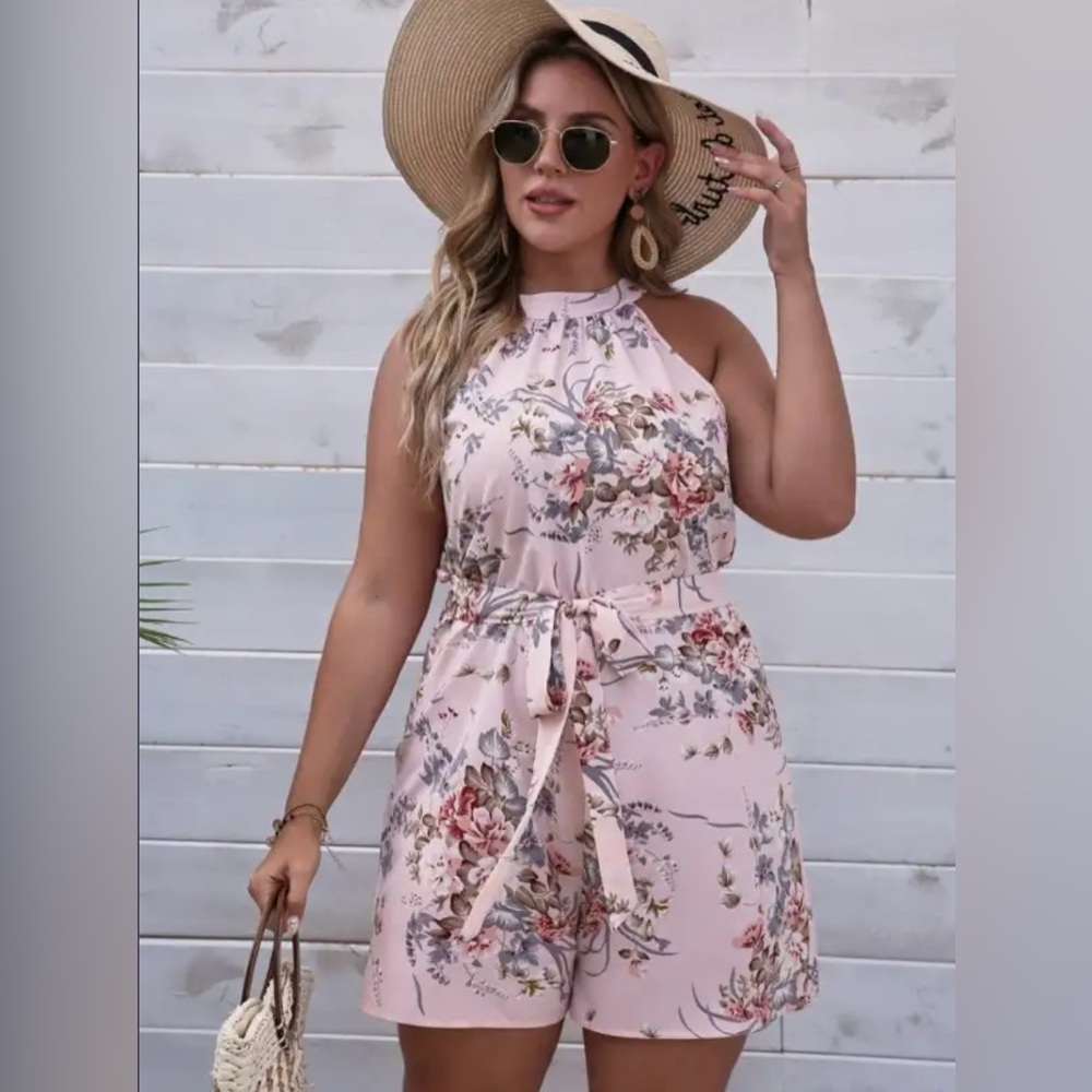 Plus Floral Print Belted Romper
